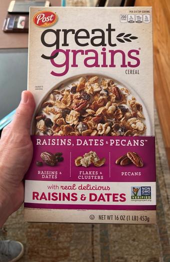 Post Consumer Brands, Llc, RAISINS, DATES & PECANS CEREAL, RAISINS, DATES & PECANS, barcode: 0884912126115, has 2 potentially harmful, 0 questionable, and
    3 added sugar ingredients.