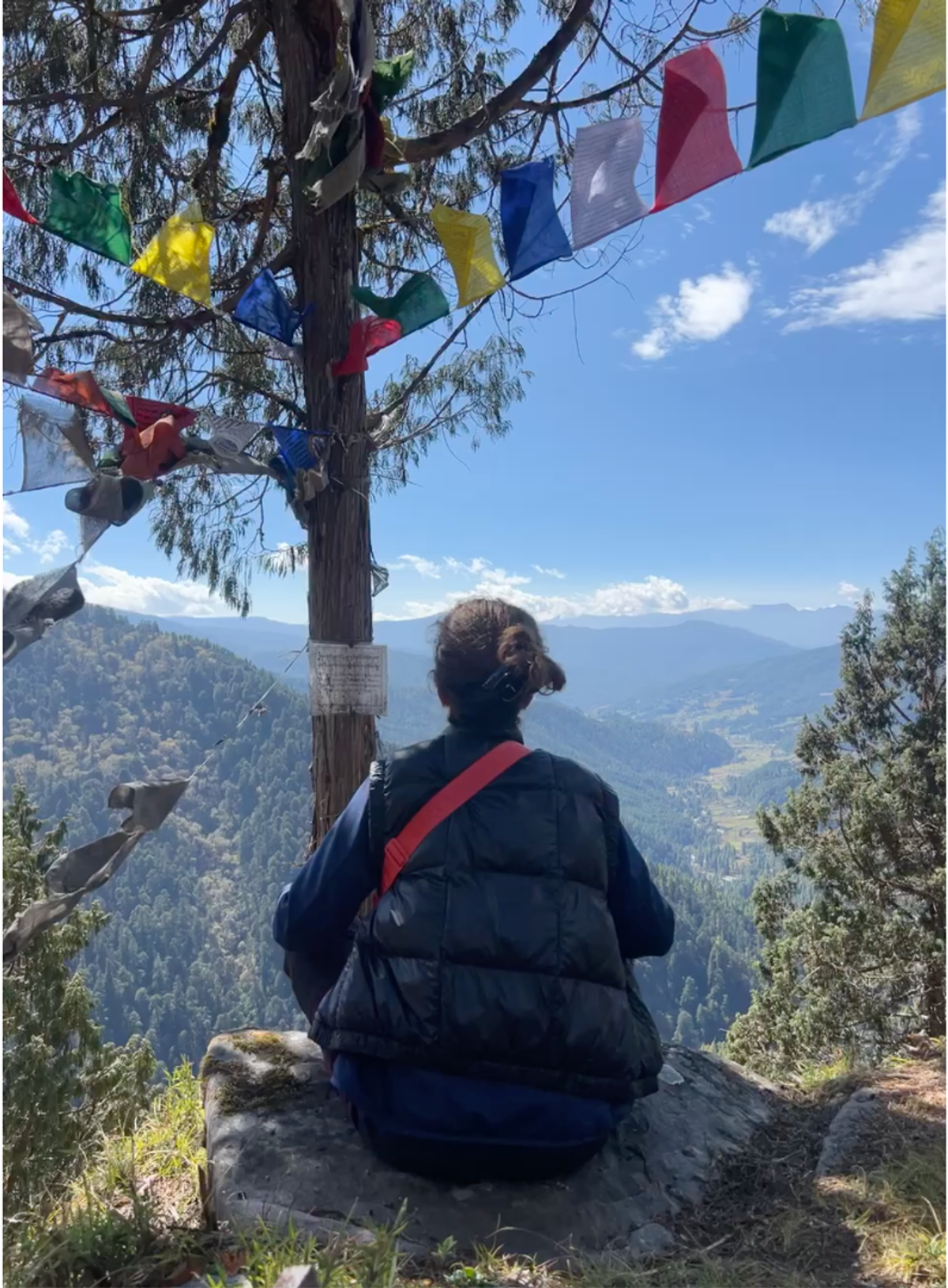 Catherine face aux montagnes et aux drapeaux de prière, au Bhoutan