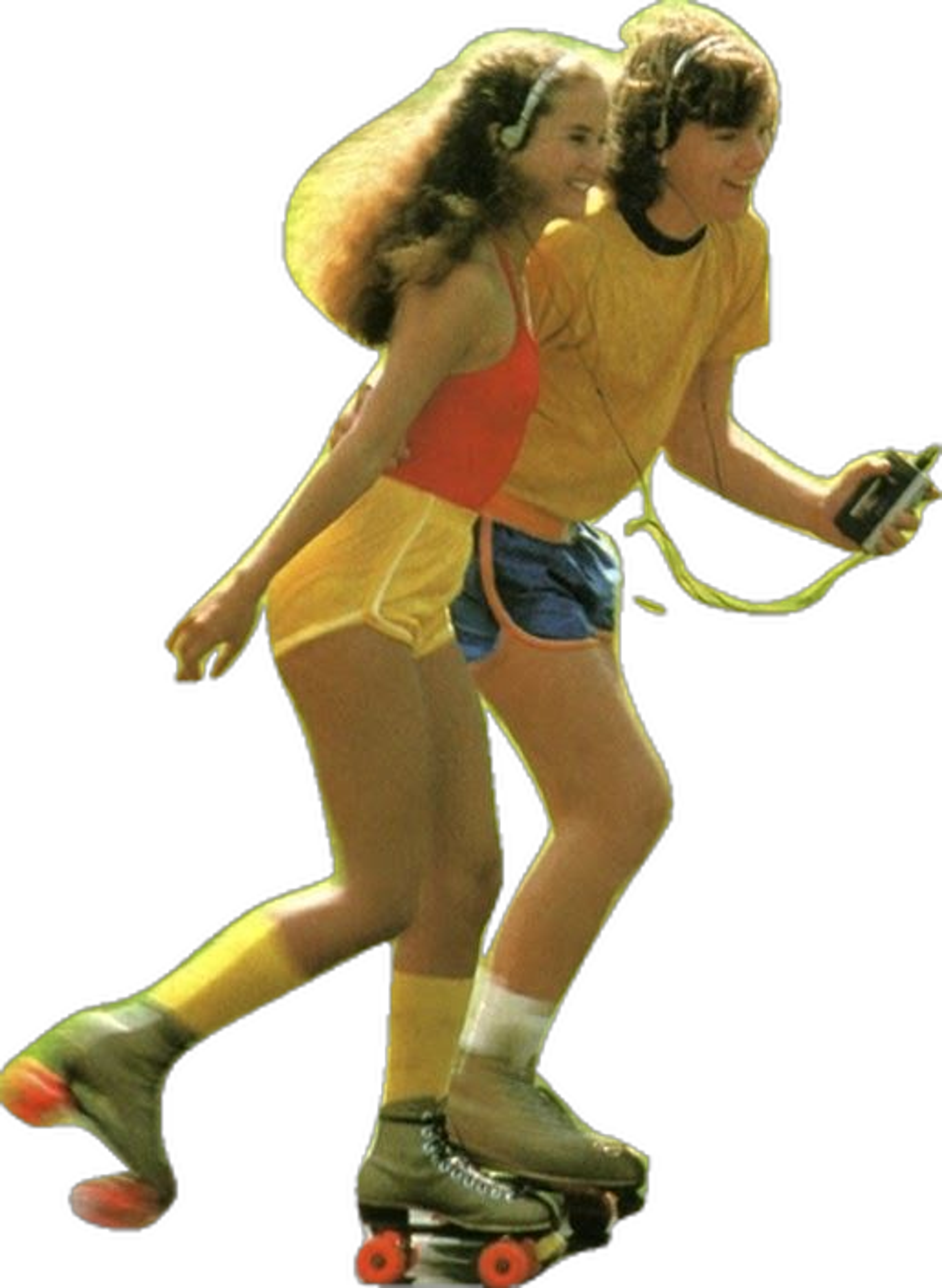 A couple on roller-skates sharing a walkman