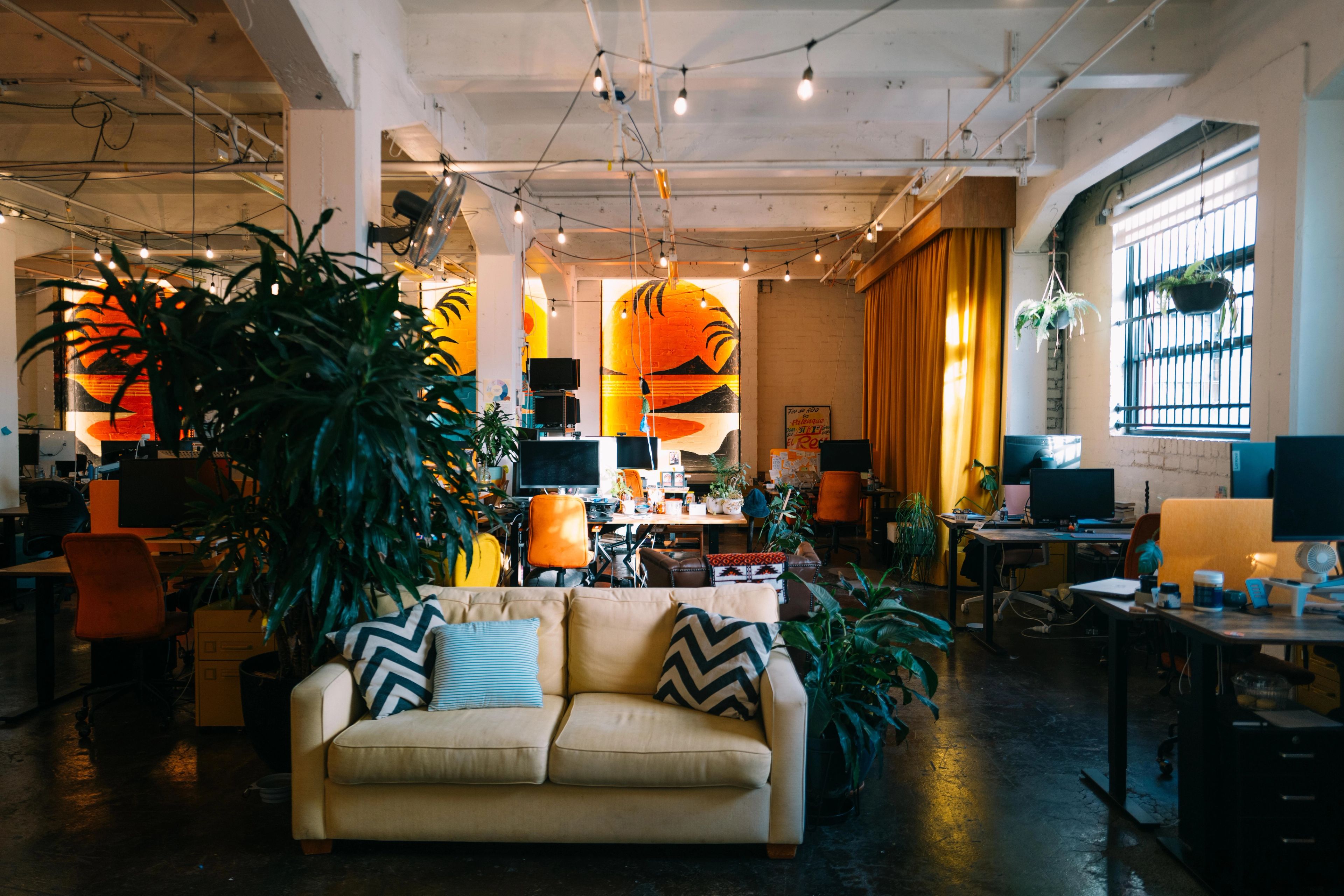A warehouse fitted out with desks, couches and plants. 