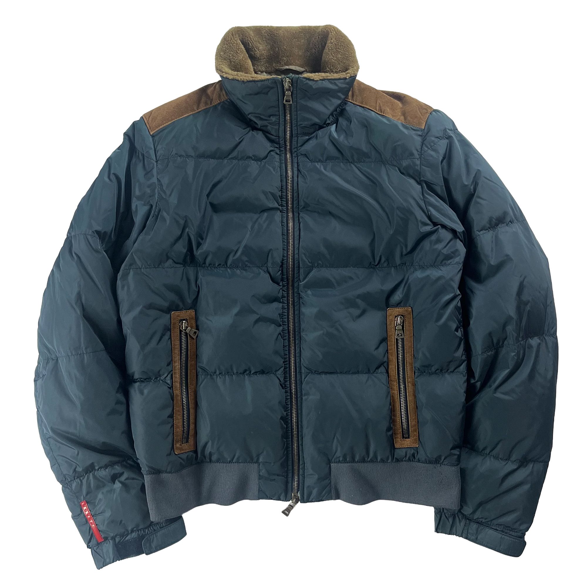 Prada Linea Rossa Puffer Blue Nylon Leather Patched Jacket 2000s - M