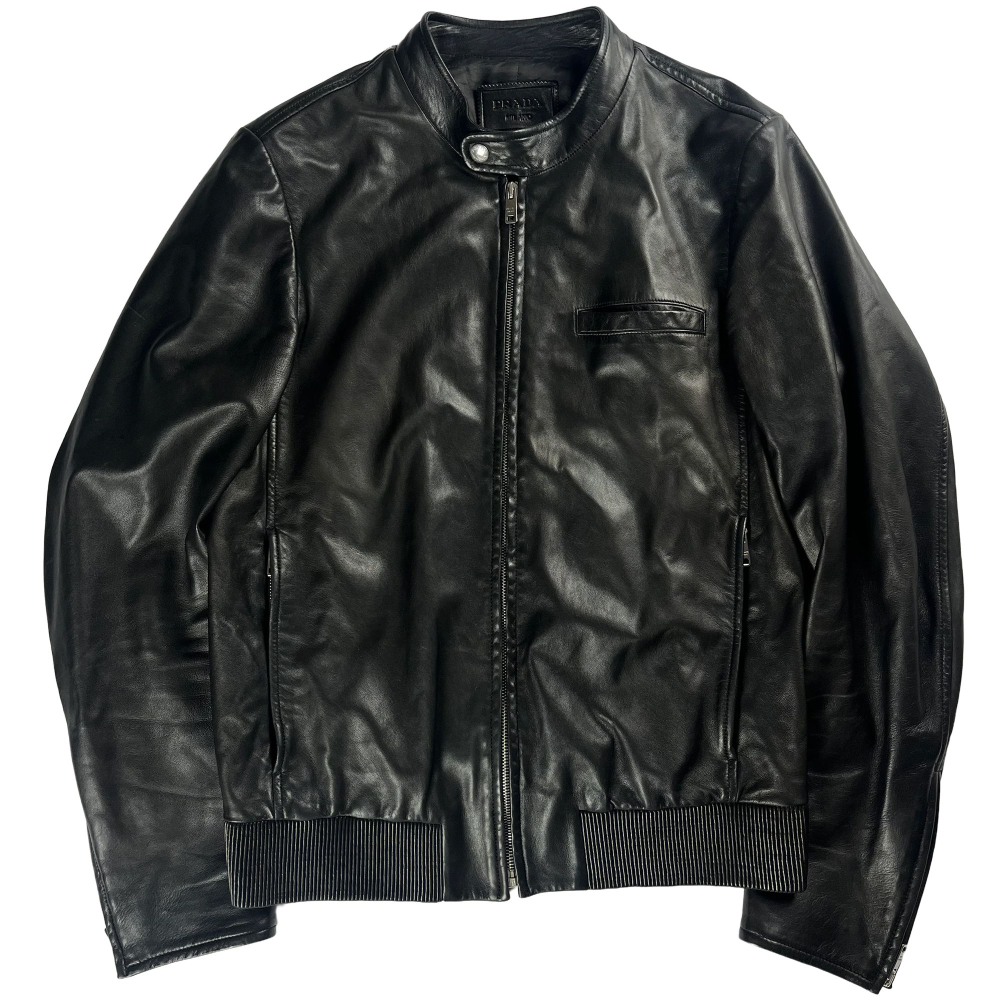 Prada Sample Shadow Black Textured Soft Leather Moto Jacket SS 2014 - M