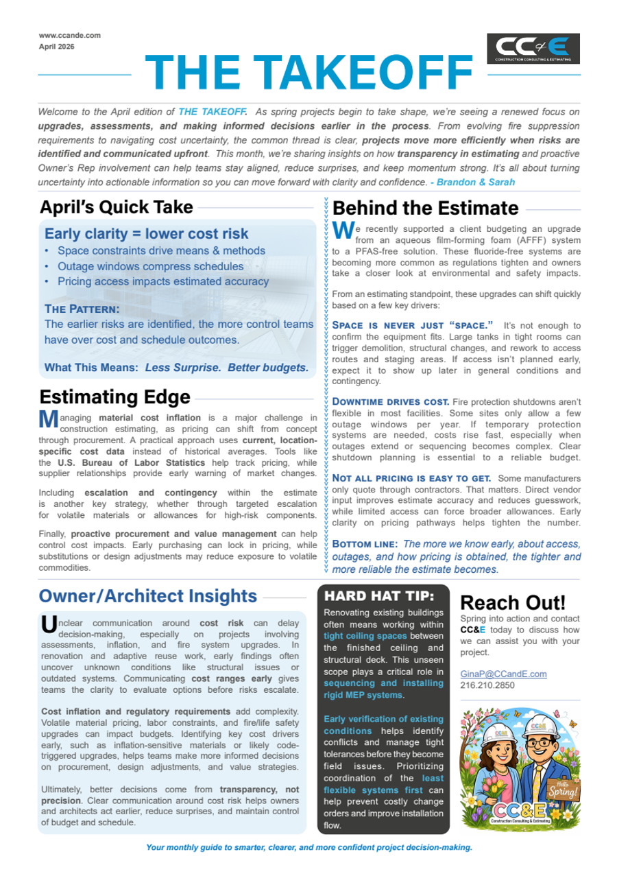april 2026 newsletter for CC&E trusted construction consulting services for all industries in Ohio