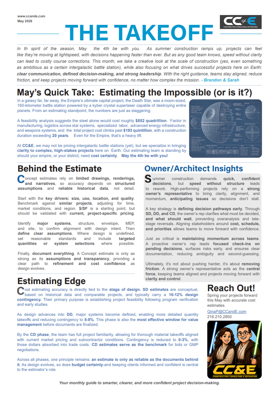 may 2026 newsletter for CC&E trusted construction consulting services for all industries in Ohio