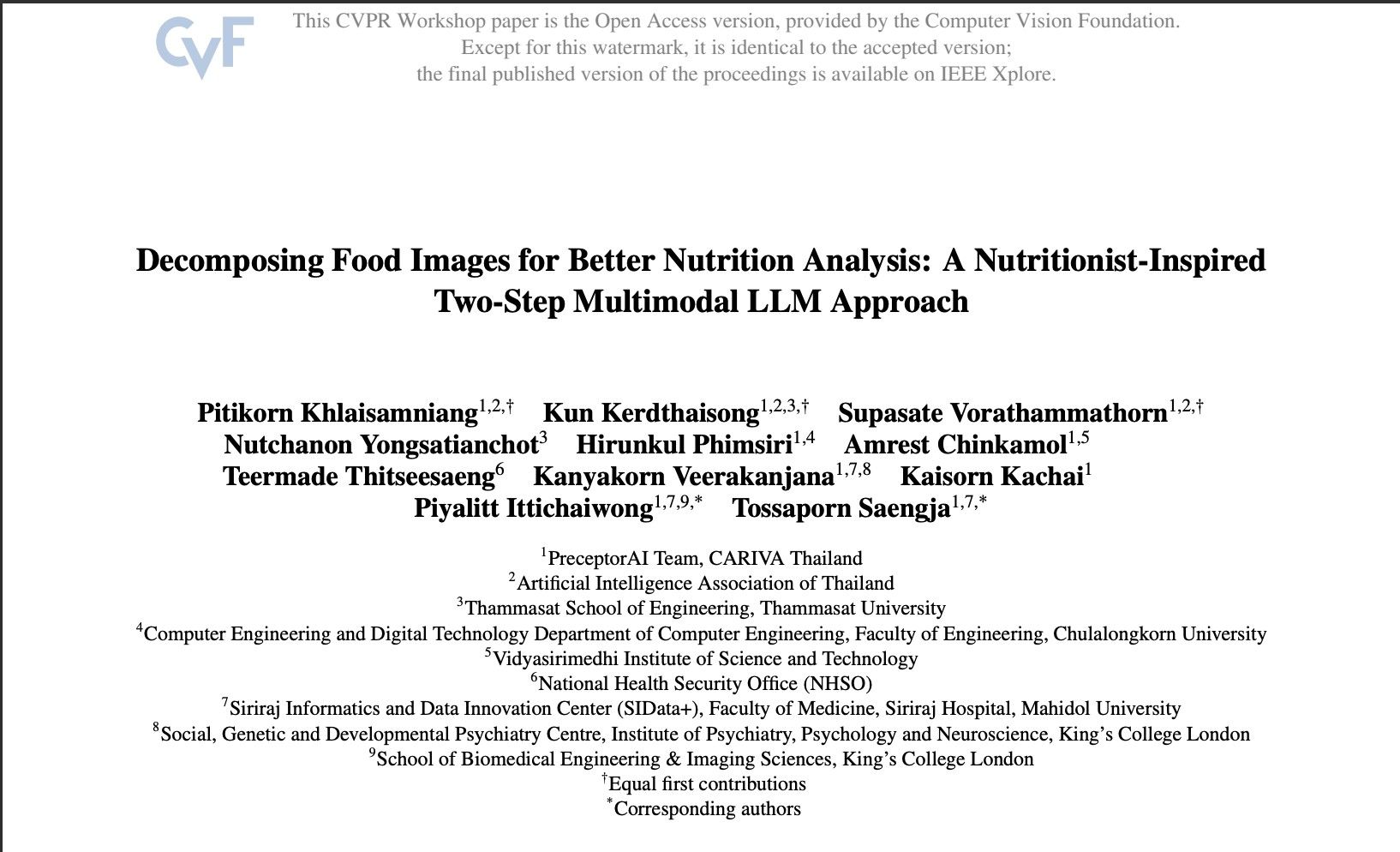 AI That Thinks Like a Nutritionist - AI model for nutrition analysis research has been Presented at CVPR 2025 
