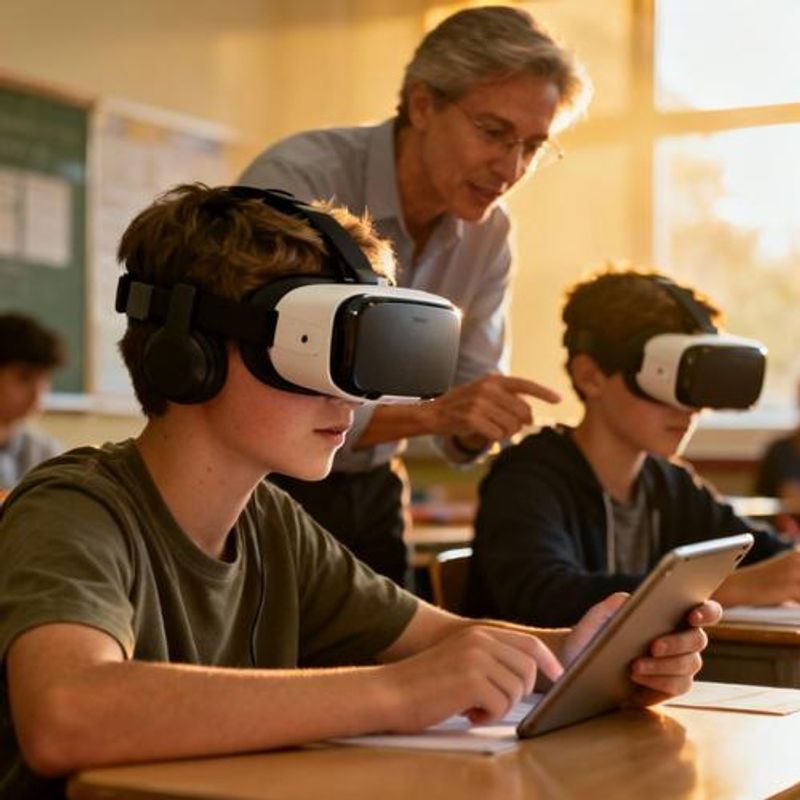 High school students using VR headsets for immersive educational experience with teacher observing