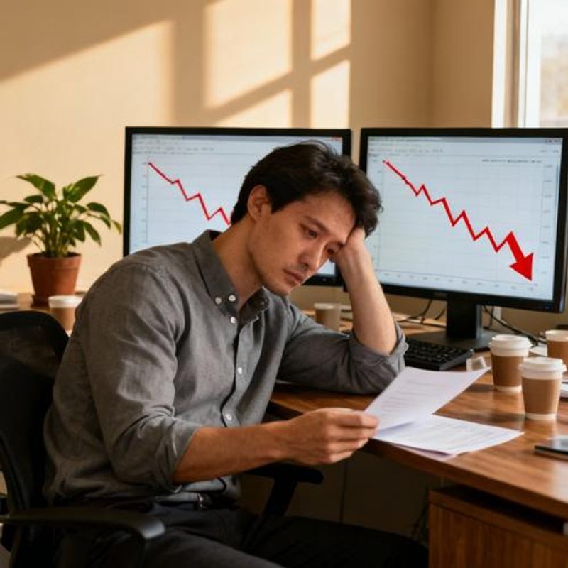 Employee looking disengaged at desk with declining productivity charts in background