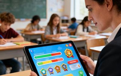 Teacher using digital tablet with gamified learning interface showing student progress badges and achievements