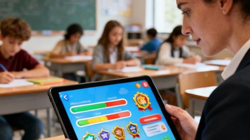 Teacher using digital tablet with gamified learning interface showing student progress badges and achievements