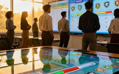 Professional training session with gamified learning elements on digital screens