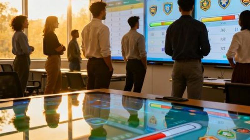 Professional training session with gamified learning elements on digital screens