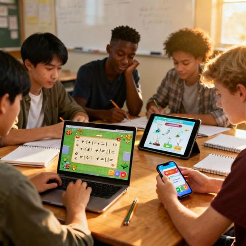 Students collaborating on gamified project using various digital devices