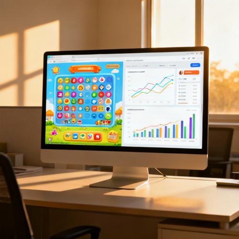 Split screen showing game interface on left and detailed analytics dashboard on right