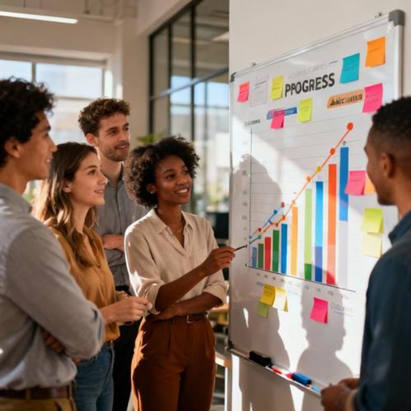 Team collaboration session with progress tracking board and sticky notes