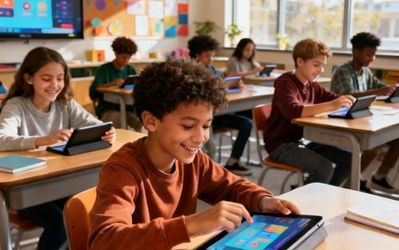 Students engaged with interactive learning platform on tablets in modern classroom