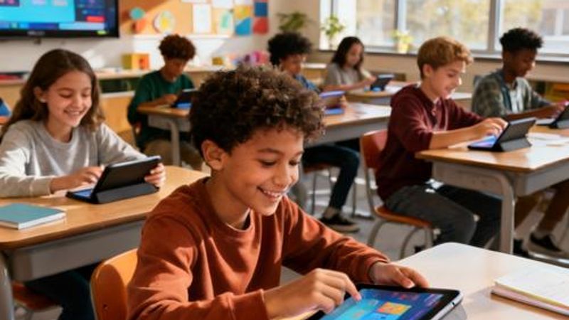 Students engaged with interactive learning platform on tablets in modern classroom