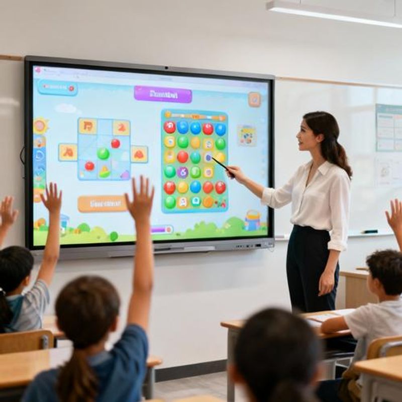 Teacher demonstrating game-based learning platform on interactive whiteboard to engaged students
