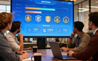Team of professionals collaborating around a digital dashboard showing progress metrics and achievements