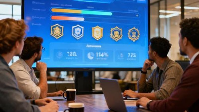 Team of professionals collaborating around a digital dashboard showing progress metrics and achievements