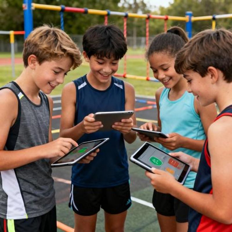 Middle school students wearing fitness trackers during obstacle course activity looking at their progress on tablets