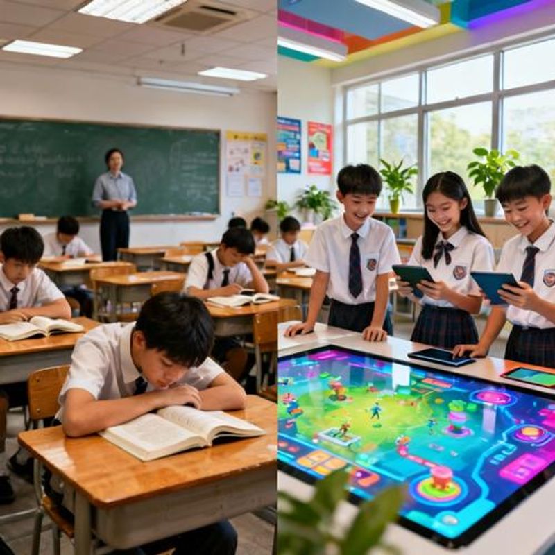 Split screen comparison showing traditional classroom vs gamified learning environment with engaged participants