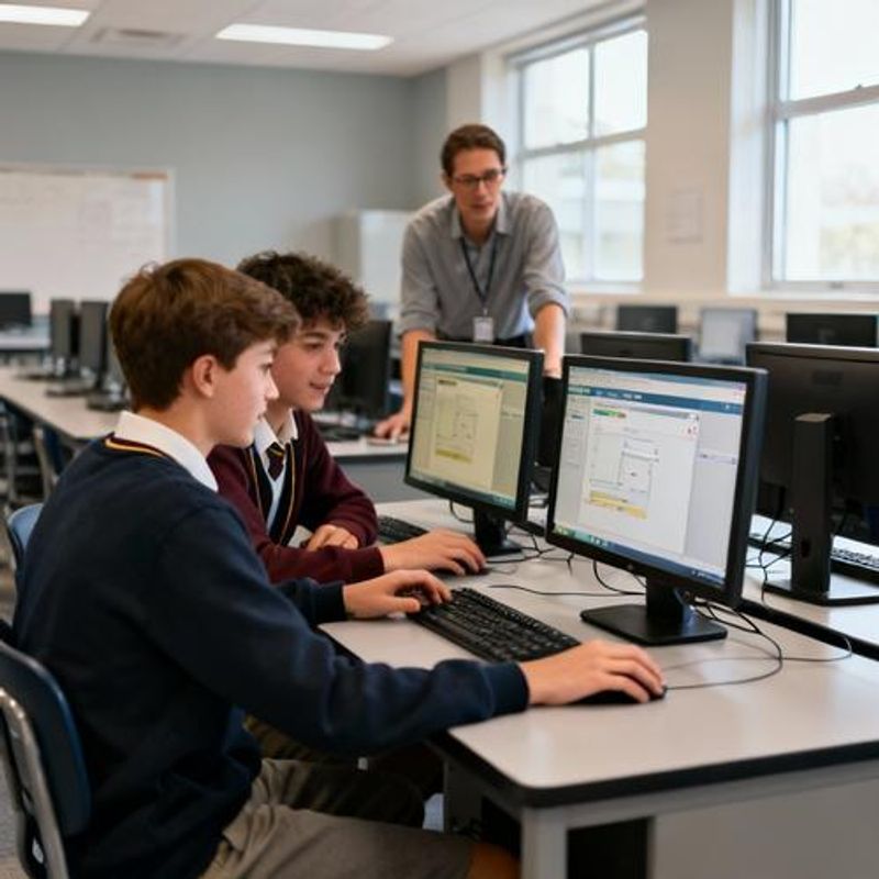 Students collaborating on educational game project in computer lab