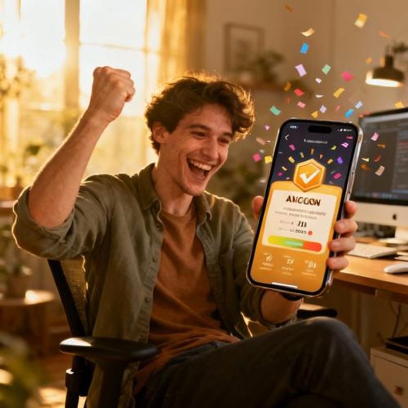 Person celebrating achievement while looking at their phone displaying completed gamified goals and progress stats