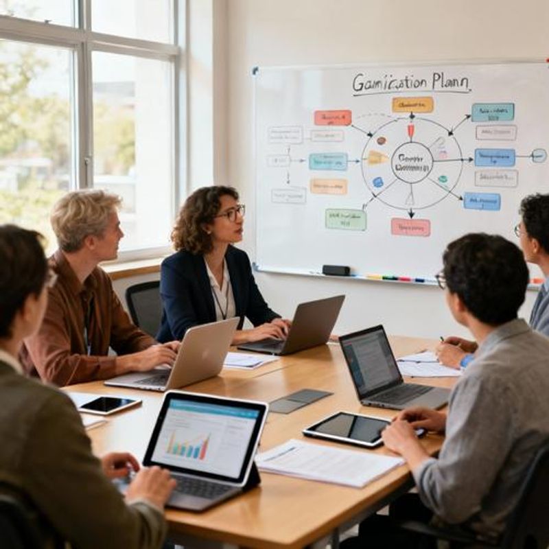 Diverse group of educators collaborating on gamification strategy planning with laptops and whiteboards