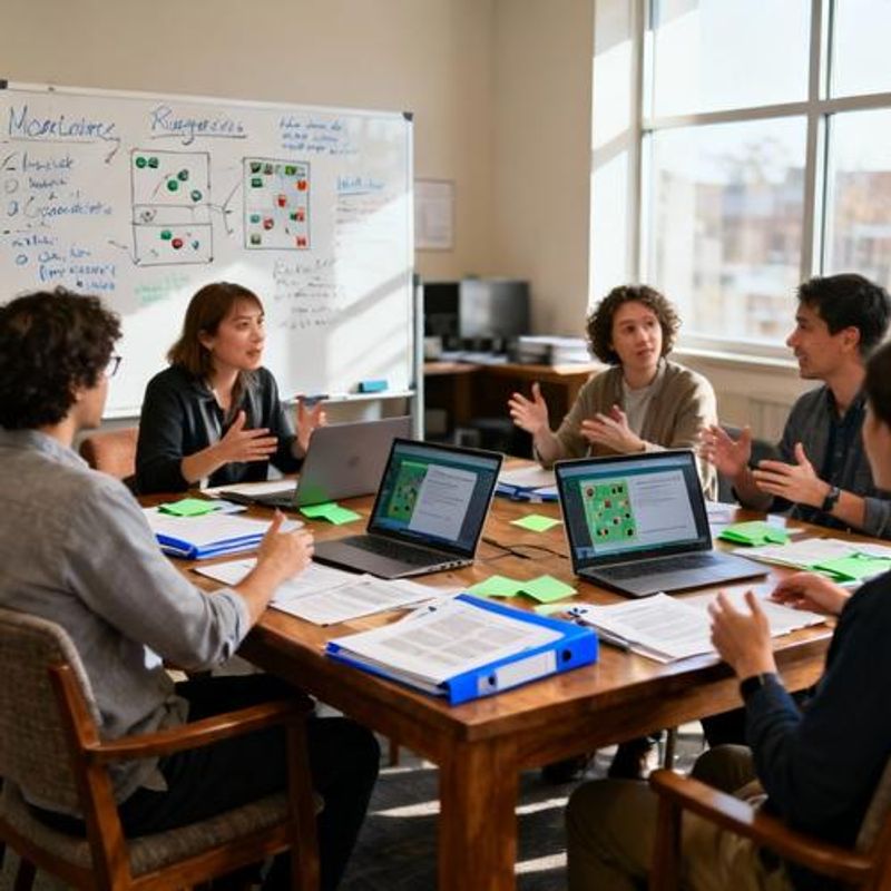 Teachers collaborating and planning educational gaming strategies in a staff meeting