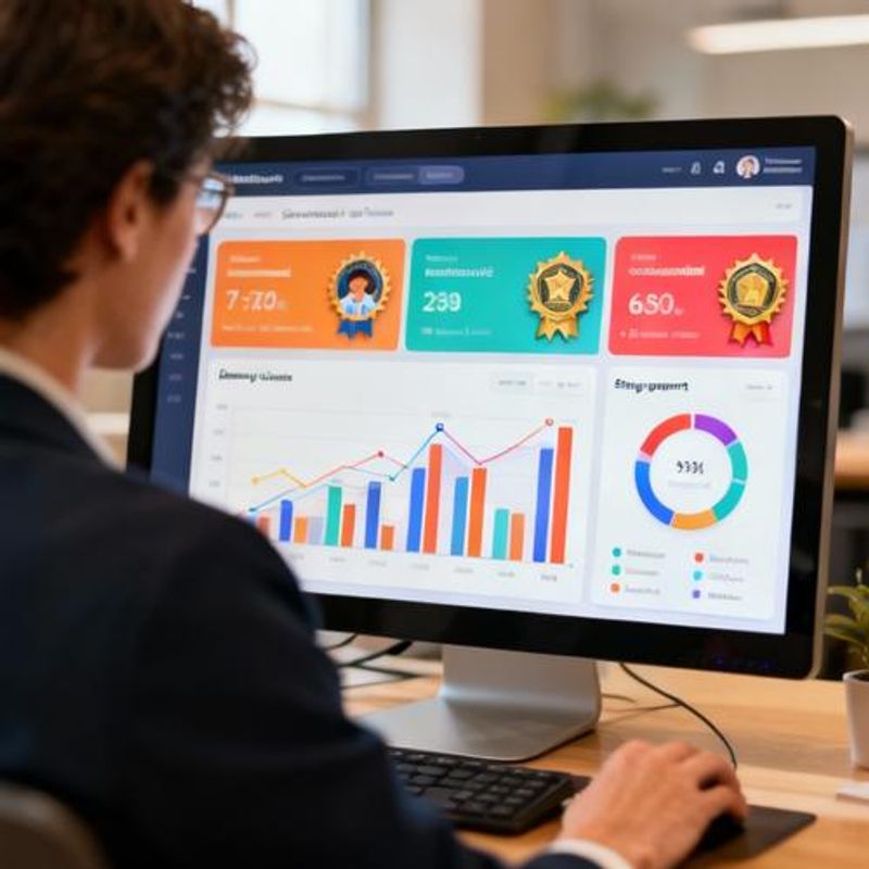 Teacher analyzing student engagement data on dashboard with gamification elements