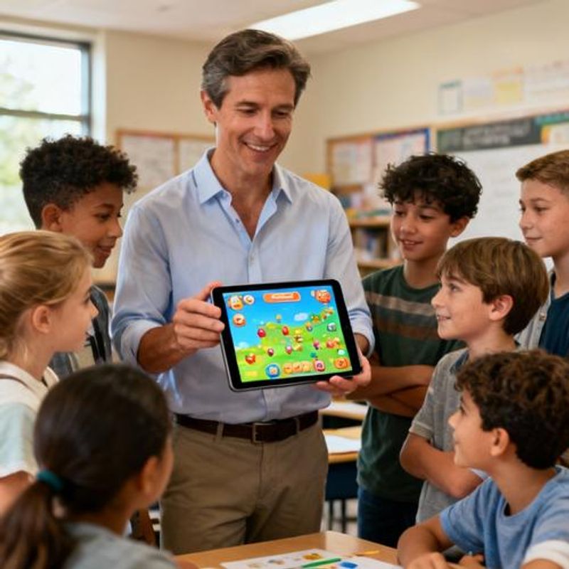 Instructor demonstrating gamified learning app to diverse group of students