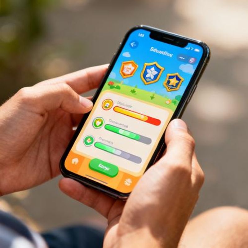 Mobile learning app interface showcasing gamification elements like progress bars and achievement badges