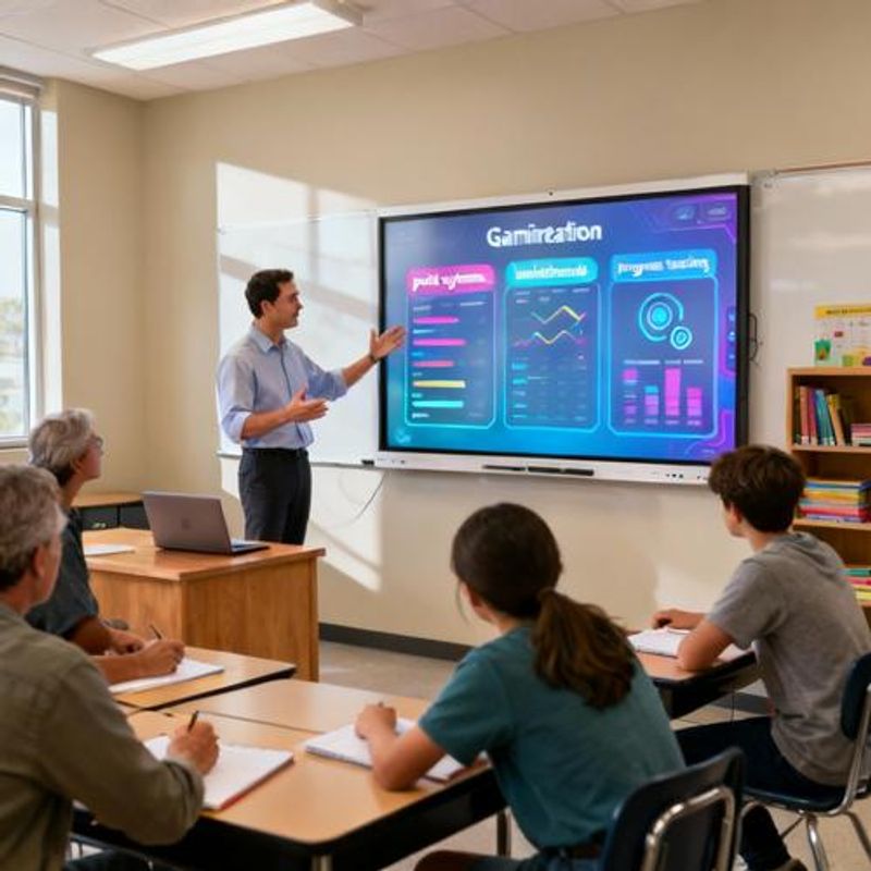 Teacher explaining gamified learning concepts using interactive whiteboard with game mechanics