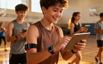 Students actively participating in a gamified exercise class using tablet devices and wearable fitness trackers