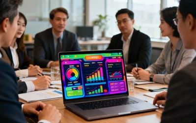 Business professionals analyzing gamification marketing strategy on laptop with colorful game elements