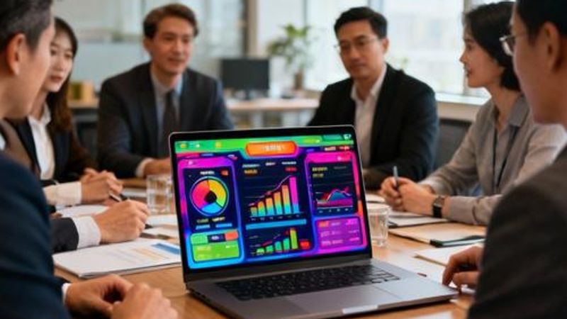 Business professionals analyzing gamification marketing strategy on laptop with colorful game elements