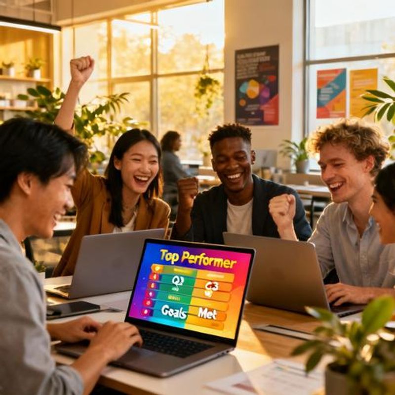 Team celebrating achievements with digital leaderboard and progress tracking visible