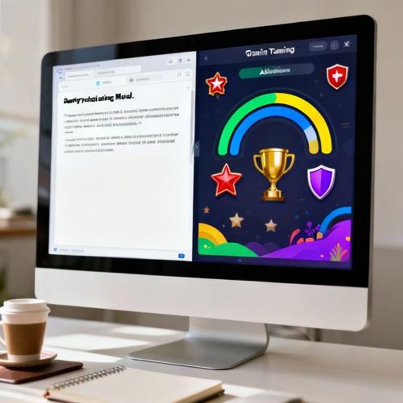 Split screen showing traditional vs gamified training interfaces