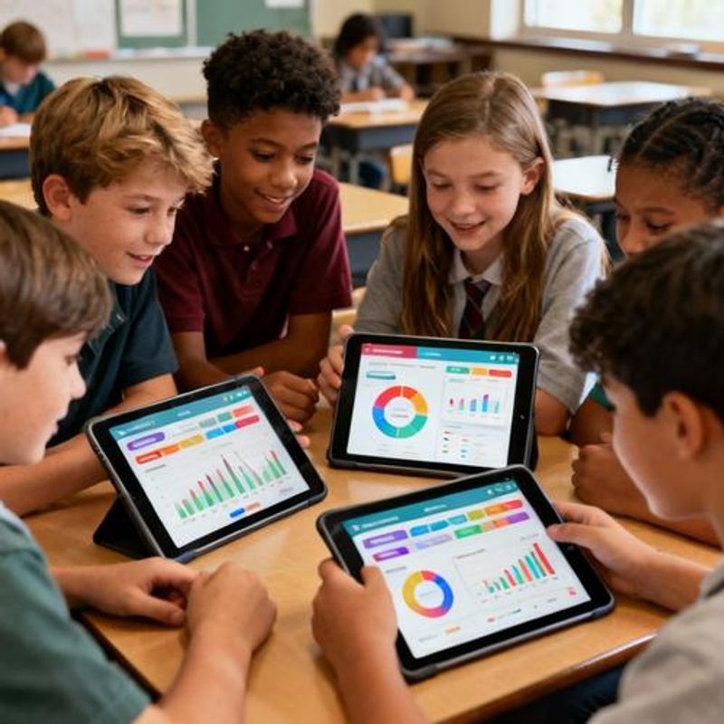 Diverse group of students collaborating on tablets showing gamified learning dashboard