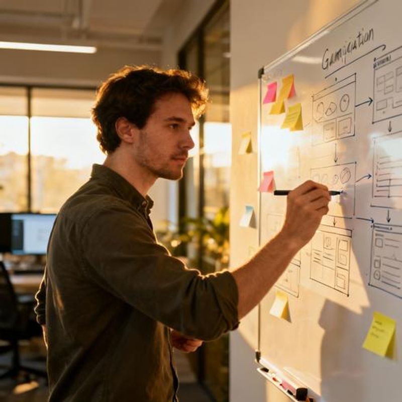 Developer working on gamification wireframes and user flow diagrams