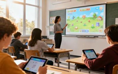 Modern classroom with interactive digital displays showing gamified learning elements