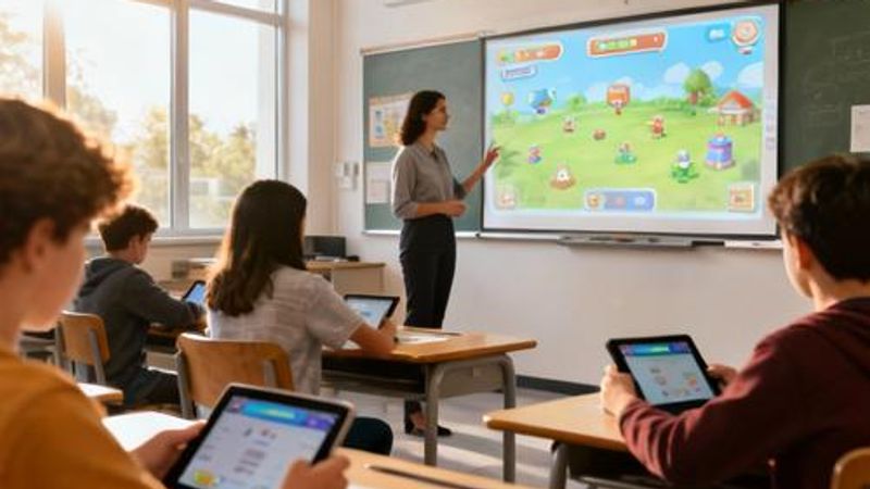 Modern classroom with interactive digital displays showing gamified learning elements