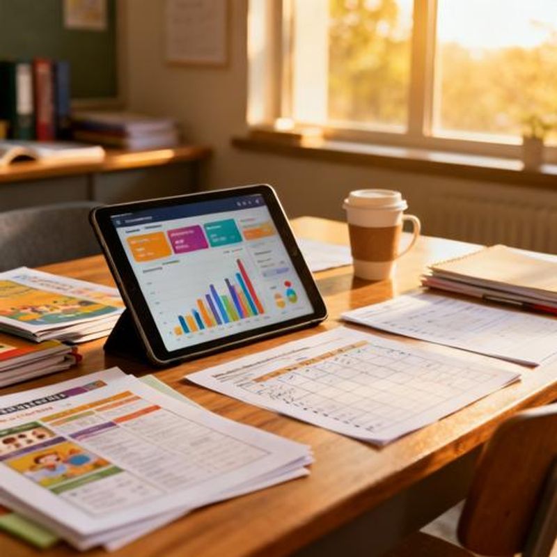 Educator's desk with planning materials, tablet showing gamification analytics, and curriculum guides