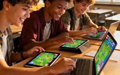 Students actively engaged with digital learning platform featuring gamification elements