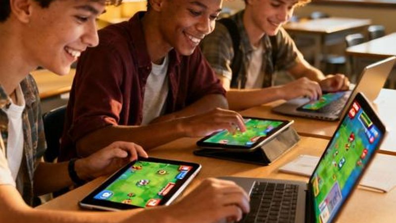 Students actively engaged with digital learning platform featuring gamification elements