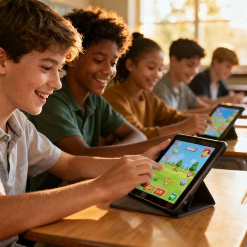 Students actively engaged with gamified learning platform on tablets