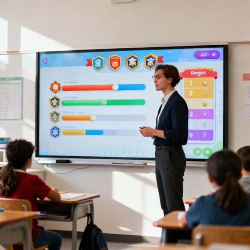 Teacher presenting gamified lesson plan with progress bars and achievement badges displayed on interactive whiteboard