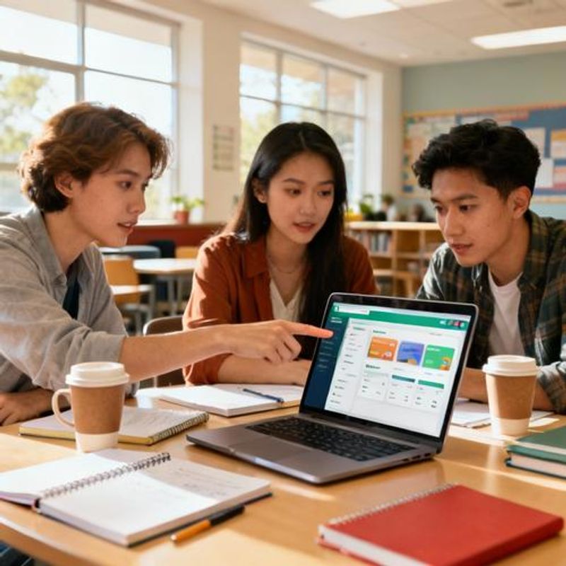 Teachers collaborating around laptop discussing game-based learning implementation strategy