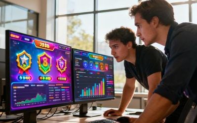 Marketing team analyzing gamification strategy on digital dashboard with game elements