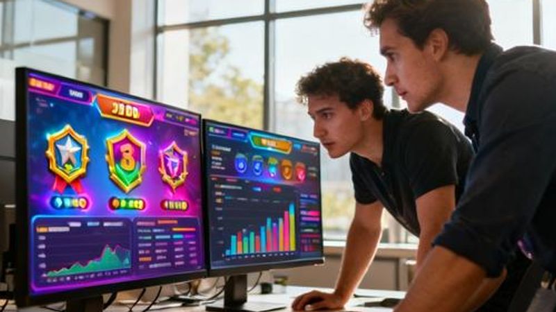 Marketing team analyzing gamification strategy on digital dashboard with game elements